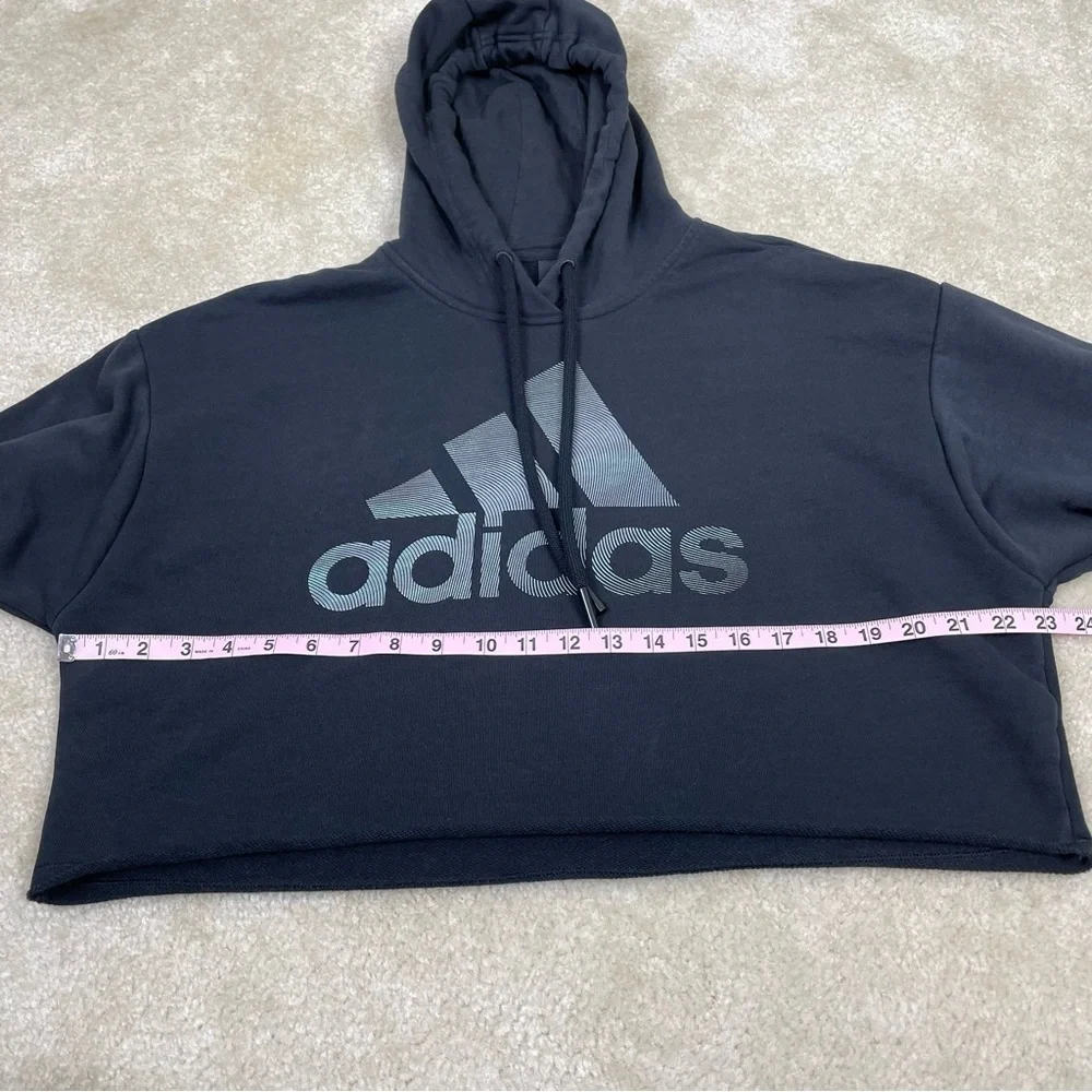 Adidas Holiday Graphic Hoodie Size XS Black Loose Fit Cropped Shimmery Logo Hood